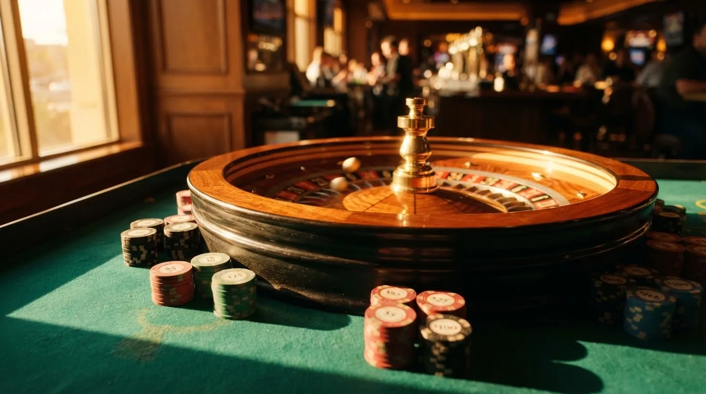 Roda de roleta e fichas sobre feltro verde, sob uma luz quente de fim de tarde — como jogar em casino pt