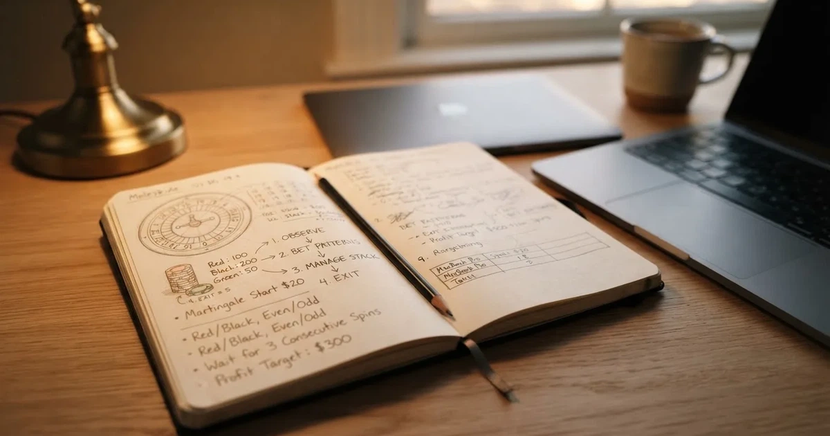 Caderno com um esboço passo a passo ao lado de um teclado — como jogar em casino pt