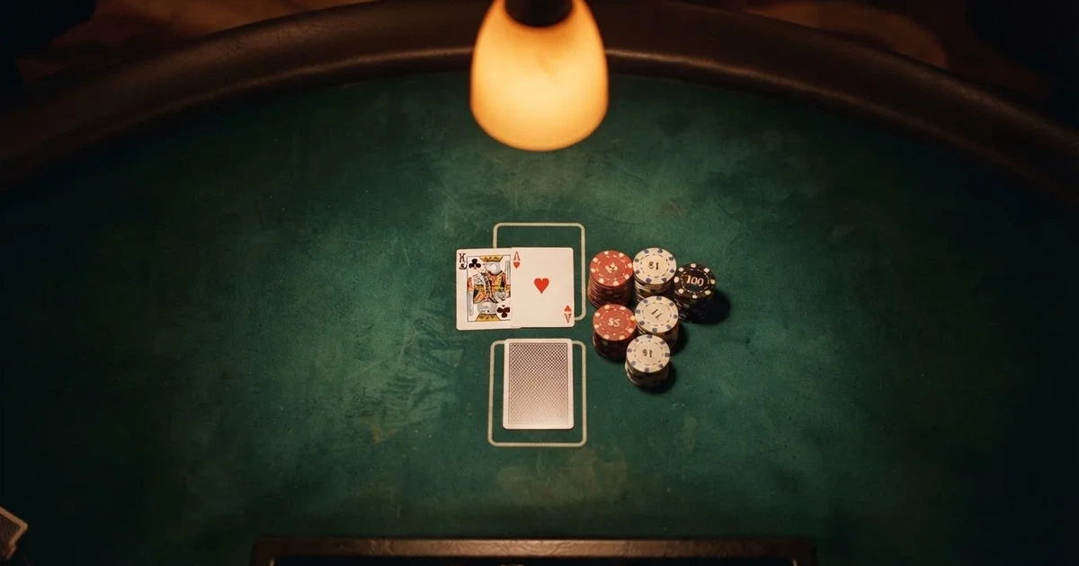 Mesa de jogo iluminada com cartas, vista de cima — estratégia de blackjack para portugueses