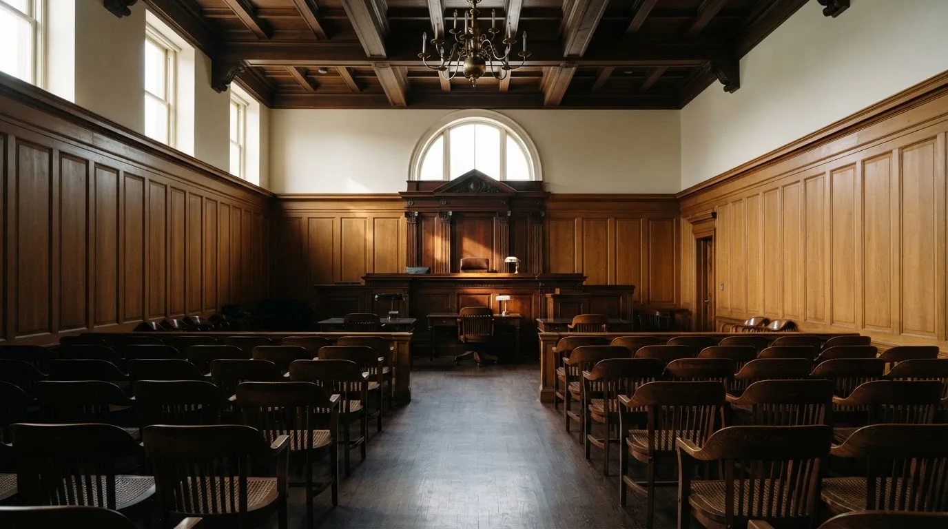 Sala de tribunal vazia com painéis de madeira, à luz da manhã — estratégia de roleta para portugueses