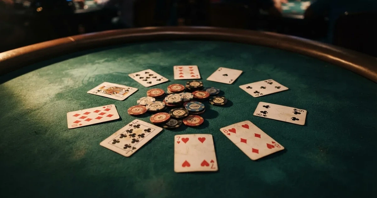 Mesa de jogo iluminada com cartas, vista de cima — estratégia de roleta para portugueses