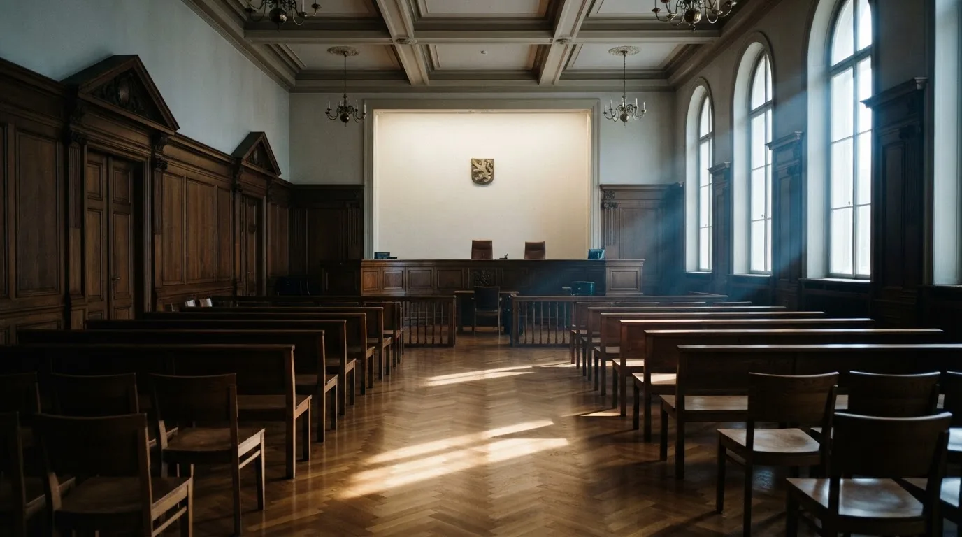 Sala de tribunal vazia com painéis de madeira, à luz da manhã — guias de casino para os portugueses