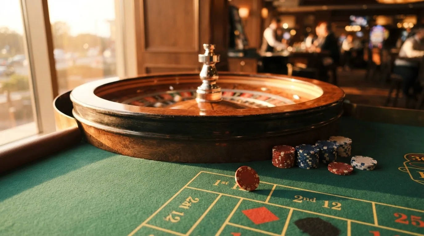 Roda de roleta e fichas sobre feltro verde, sob uma luz quente de fim de tarde — guias de casino para os portugueses