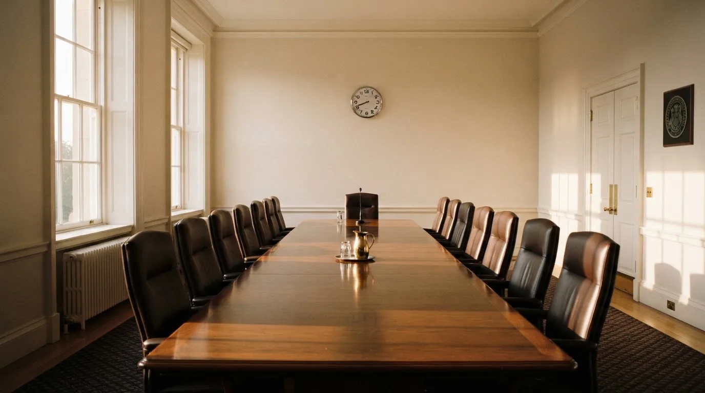 Sala de reuniões de um organismo público com mesa comprida, cadeiras alinhadas e janelas altas, sem pessoas, luz de manhã.