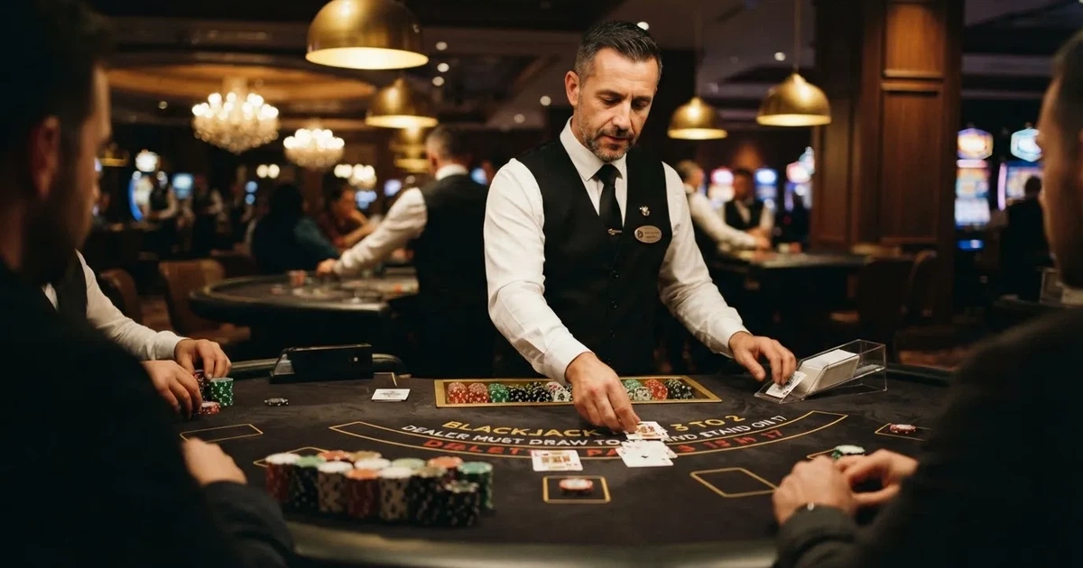 Croupier de colete preto a distribuir cartas numa mesa de blackjack semicircular, feltro verde, fichas empilhadas e iluminação baixa.