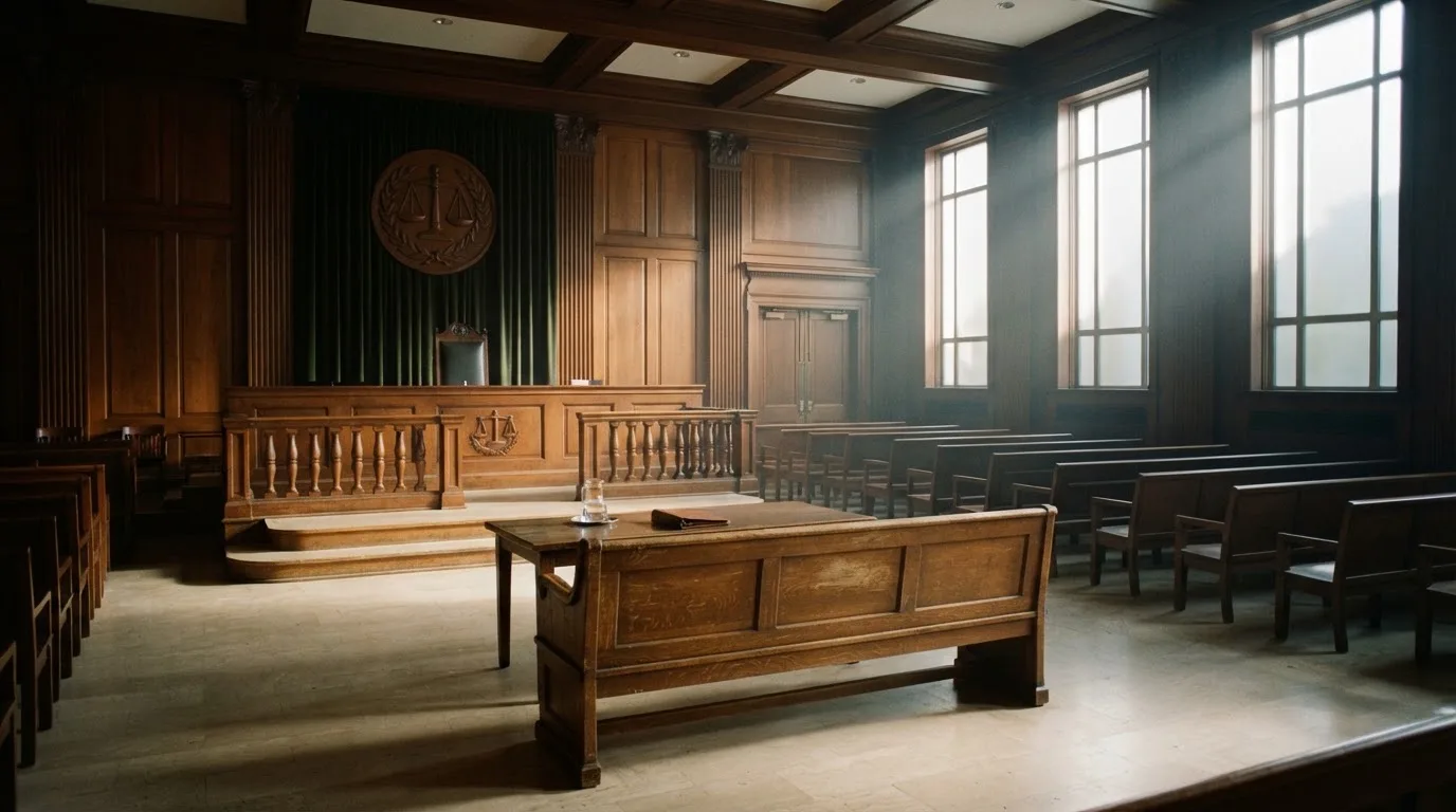 Sala de tribunal vazia com painéis de madeira, à luz da manhã — jogar no casino em portugal