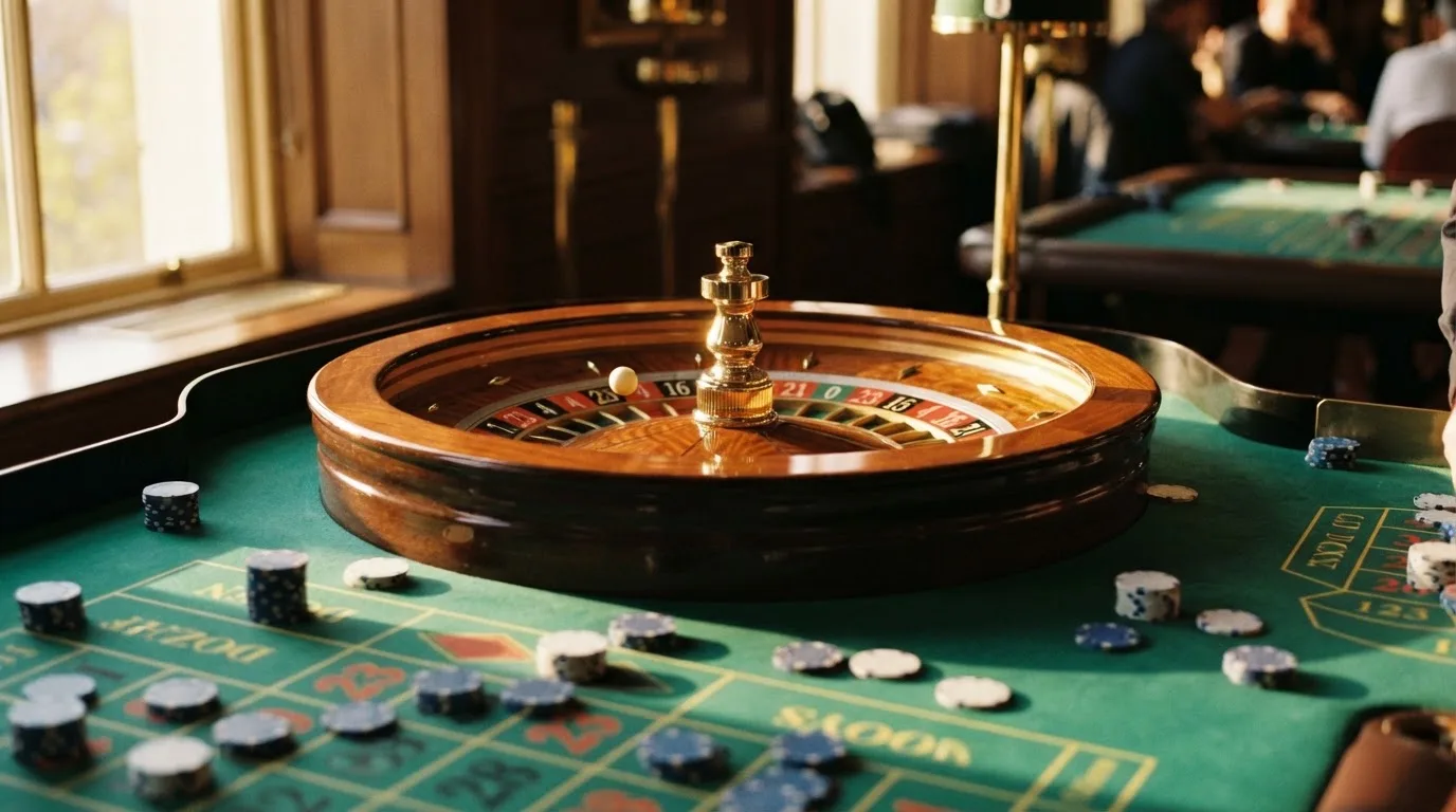 Roda de roleta e fichas sobre feltro verde, sob uma luz quente de fim de tarde — jogar no casino em portugal