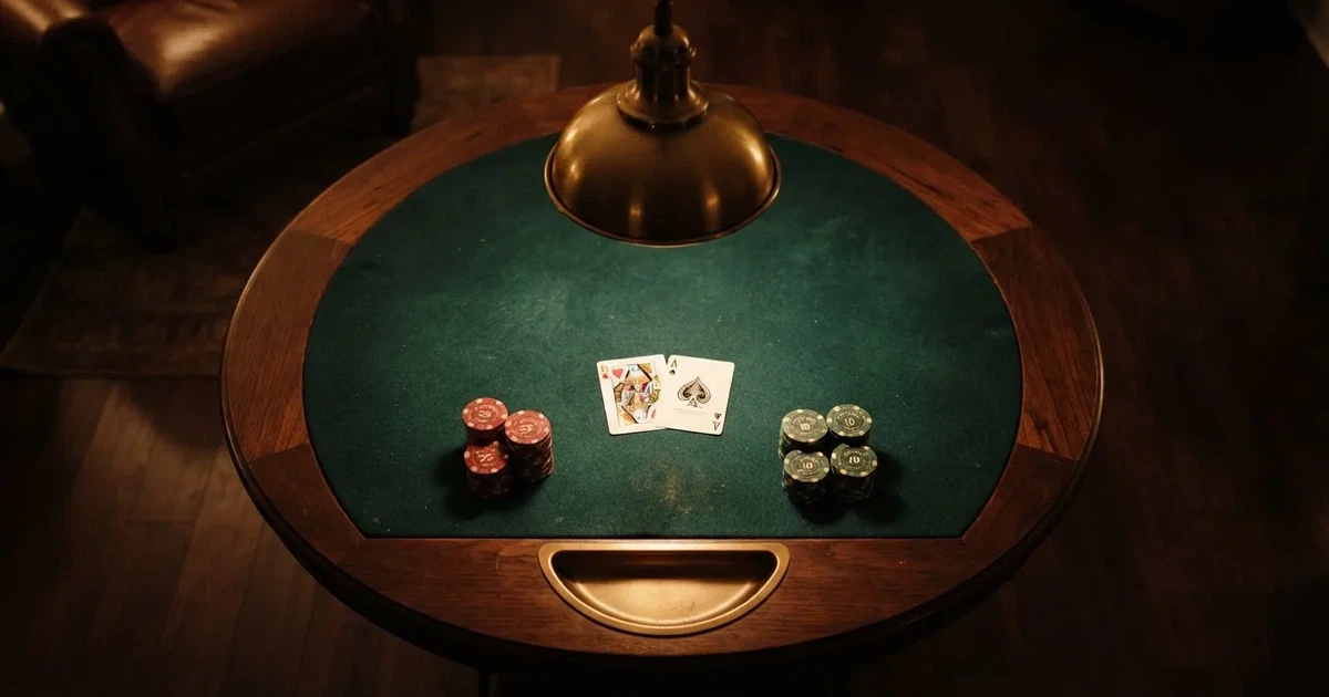 Mesa de jogo iluminada com cartas, vista de cima — jogar no casino em portugal