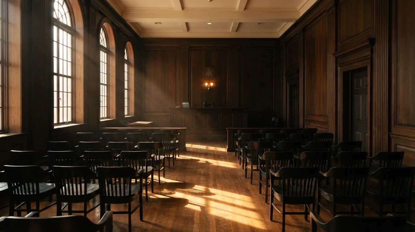 Sala de tribunal vazia com painéis de madeira, à luz da manhã — jogo de craps em portugal