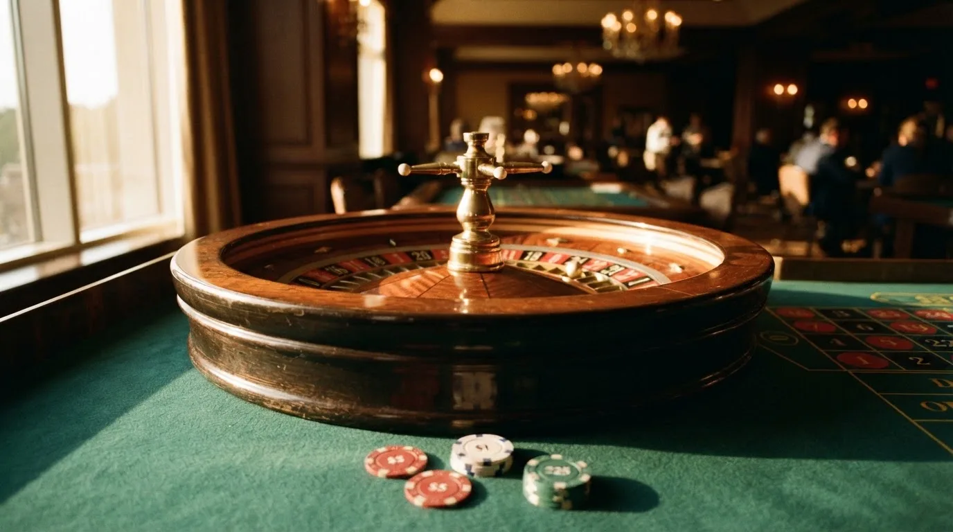Roda de roleta e fichas sobre feltro verde, sob uma luz quente de fim de tarde — jogo de craps em portugal