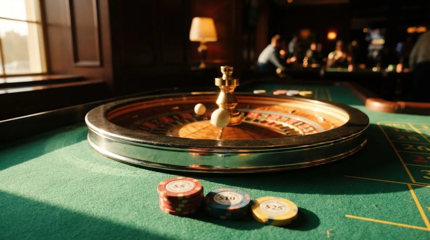 Roda de roleta e fichas sobre feltro verde, sob uma luz quente de fim de tarde — jogos de casino em portugal