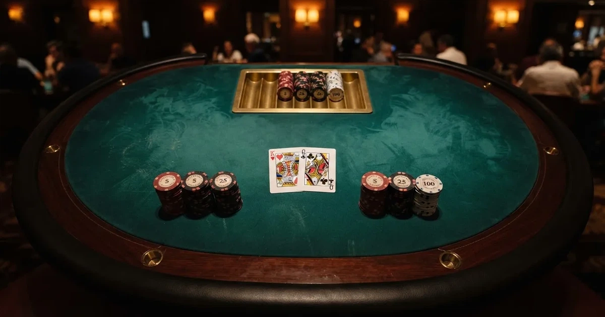 Mesa de jogo iluminada com cartas, vista de cima — jogos de casino em portugal