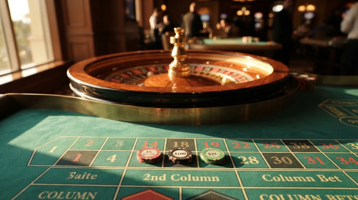 Roda de roleta e fichas sobre feltro verde, sob uma luz quente de fim de tarde — jogos de casino grátis pt
