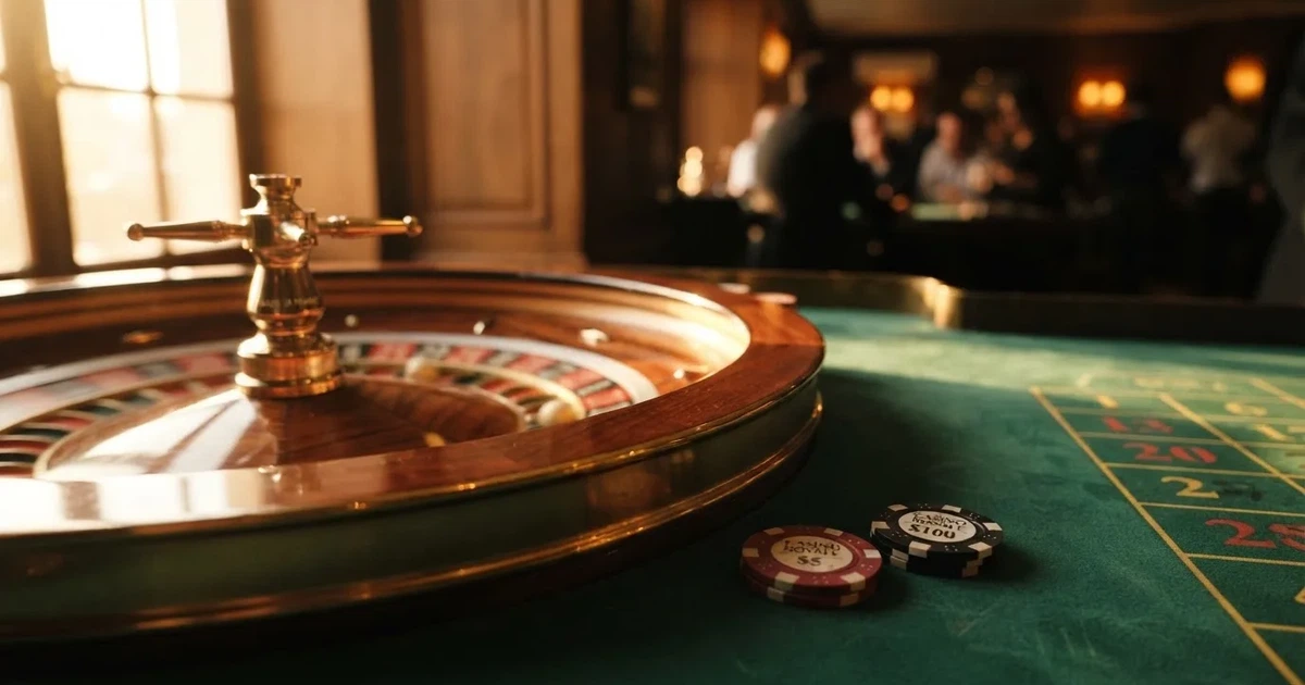 Roda de roleta e fichas sobre feltro verde, sob uma luz quente de fim de tarde — jogos de casino online pt