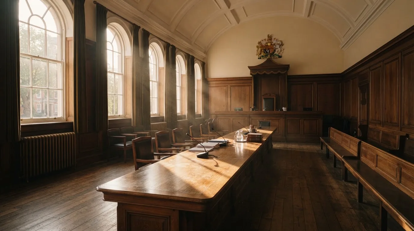 Sala de tribunal vazia com painéis de madeira, à luz da manhã — jogos de cassino em portugal