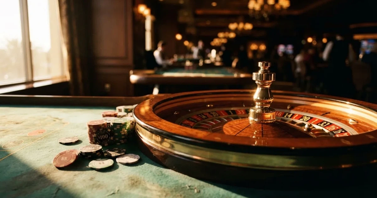 Roda de roleta e fichas sobre feltro verde, sob uma luz quente de fim de tarde — jogos de cassino em portugal