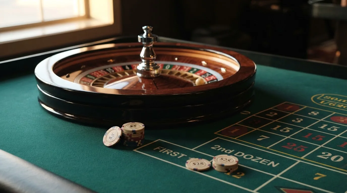 Roda de roleta e fichas sobre feltro verde, sob uma luz quente de fim de tarde — jogos de roleta em casino pt