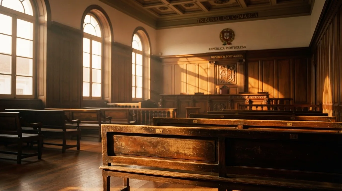 Sala de tribunal vazia com painéis de madeira, à luz da manhã — jogos de slots em portugal