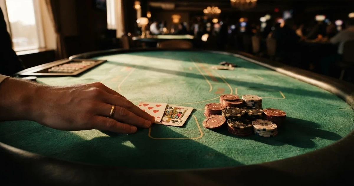 Mesa de jogo iluminada com cartas, vista de cima — jogos de slots em portugal