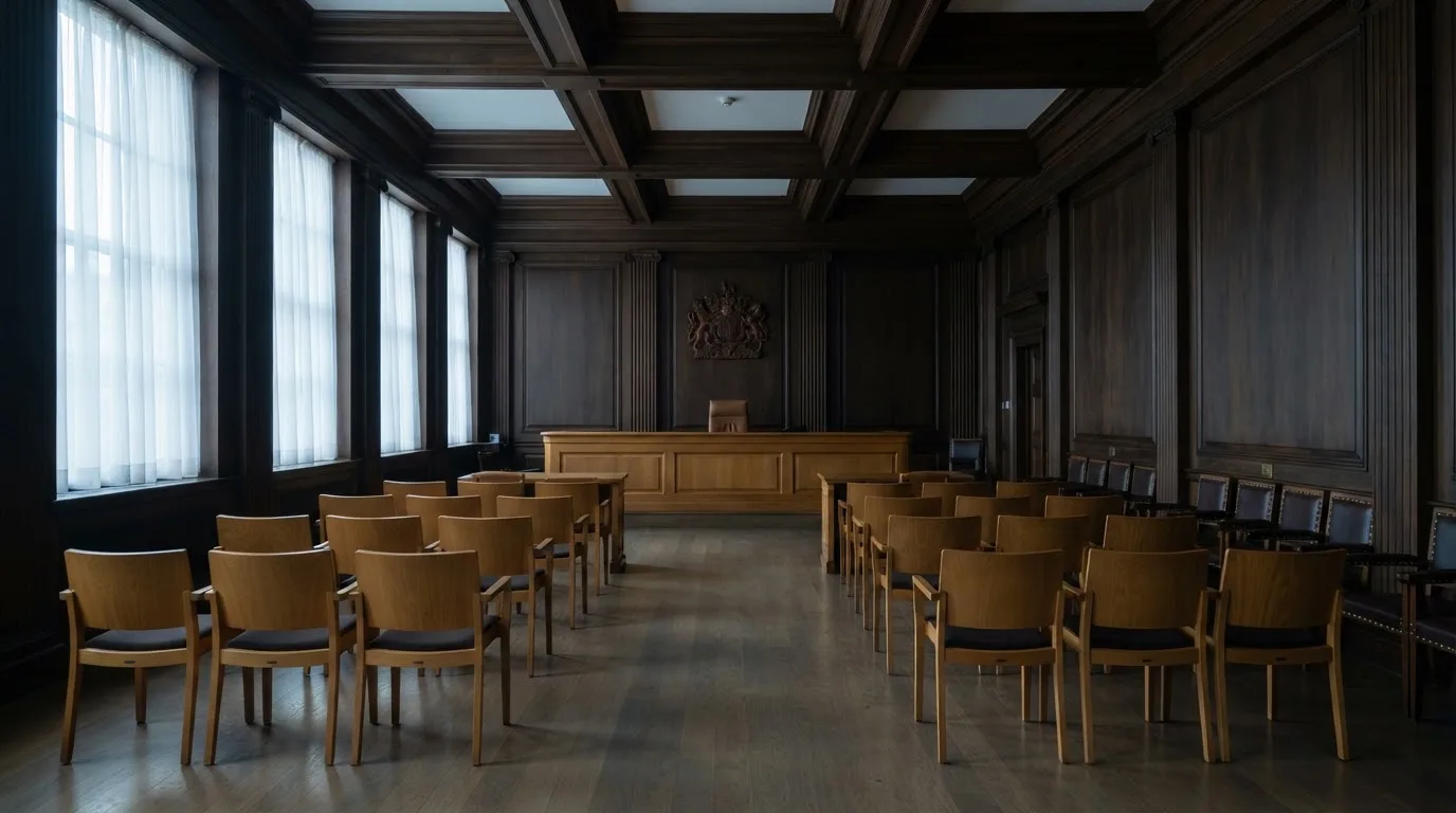 Sala de tribunal vazia com painéis de madeira, à luz da manhã — live casinos em portugal