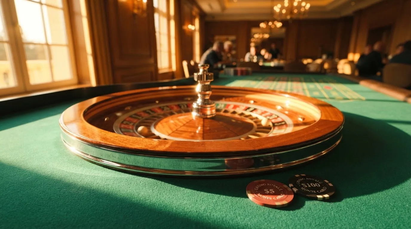 Roda de roleta e fichas sobre feltro verde, sob uma luz quente de fim de tarde — live casinos em portugal