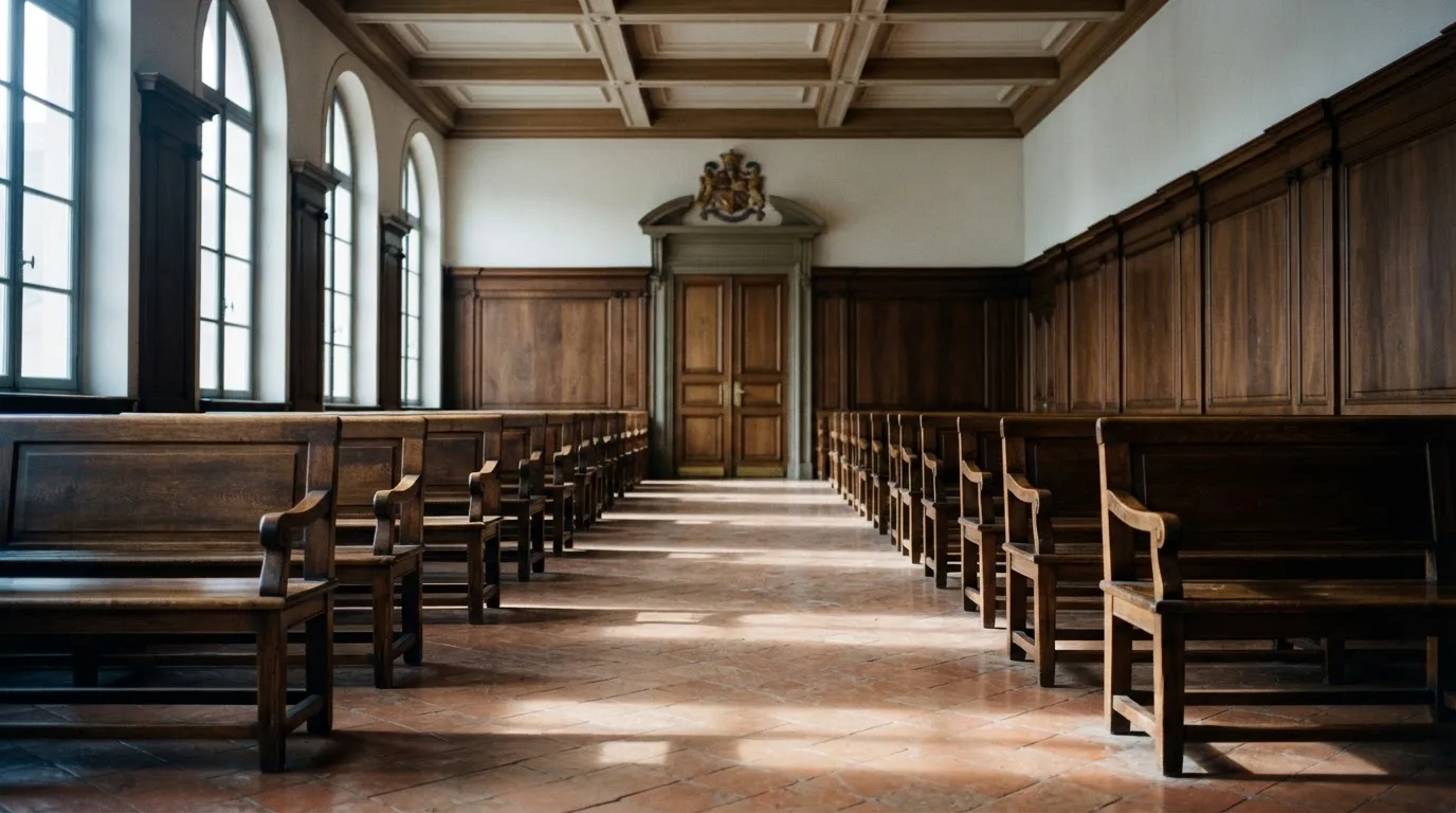 Sala de tribunal vazia com painéis de madeira, à luz da manhã — máquinas de casino em portugal