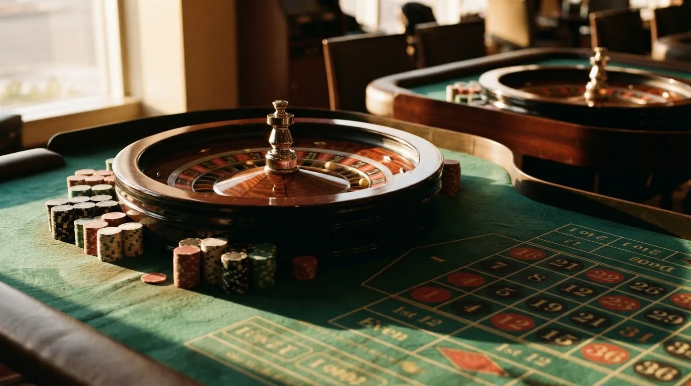 Roda de roleta e fichas sobre feltro verde, sob uma luz quente de fim de tarde — máquinas de casino em portugal