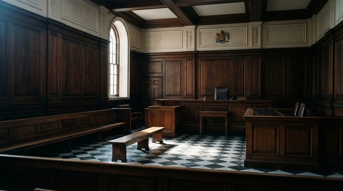 Sala de tribunal vazia com painéis de madeira, à luz da manhã — melhor blackjack em portugal