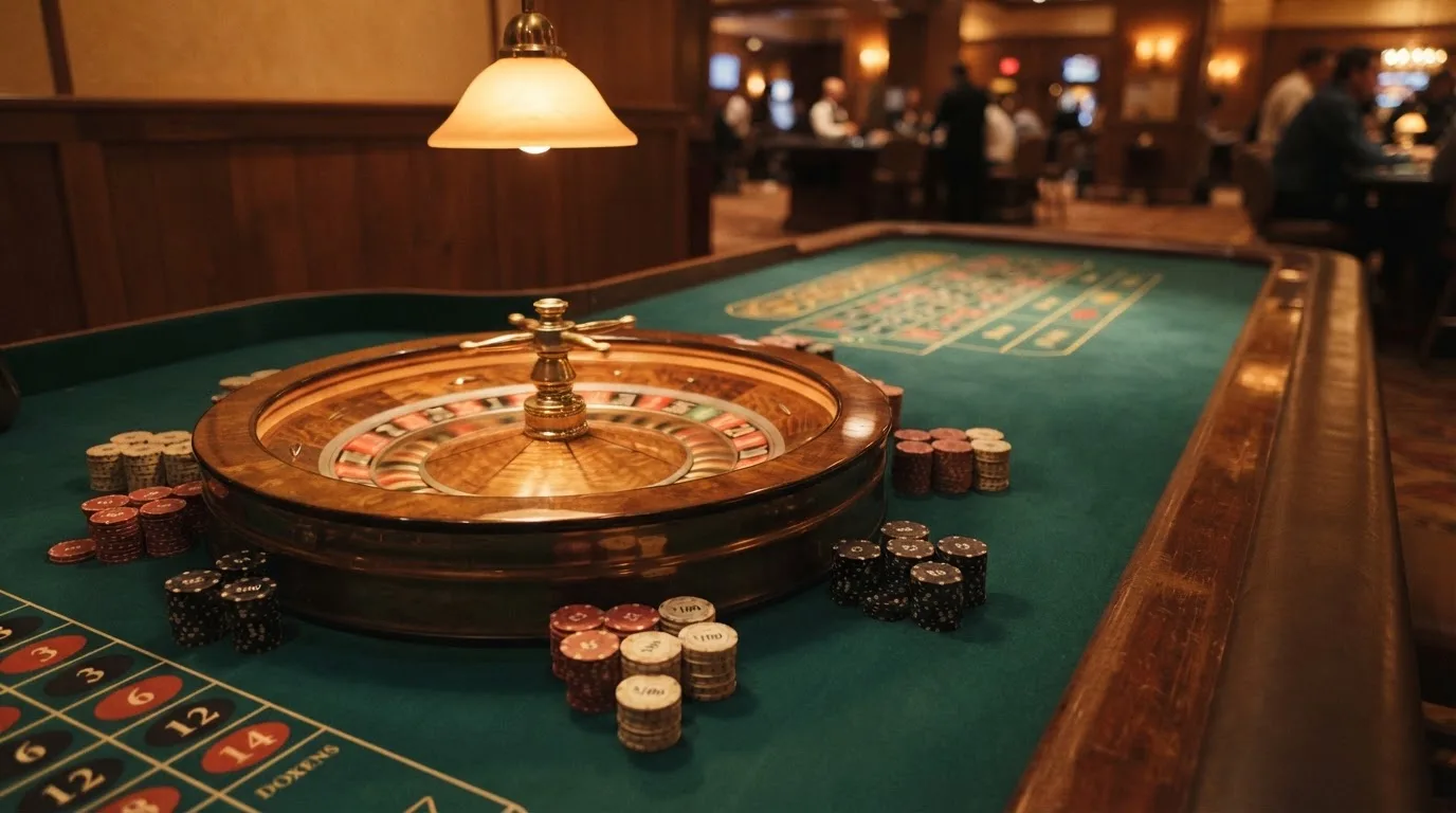 Roda de roleta e fichas sobre feltro verde, sob uma luz quente de fim de tarde — melhor blackjack em portugal