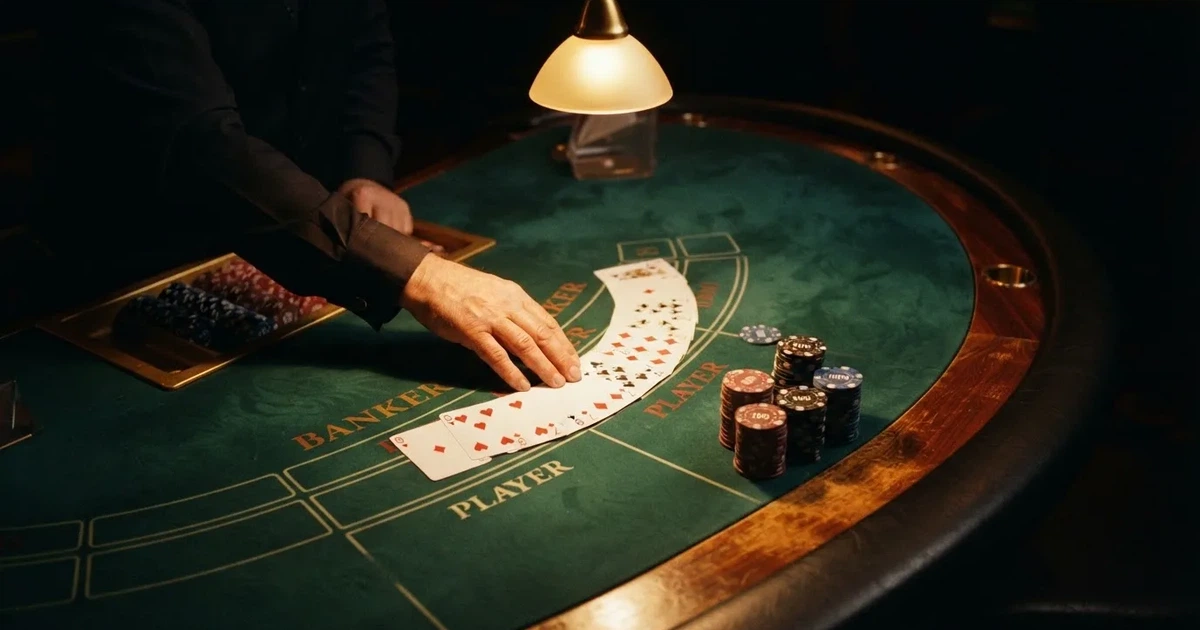 Mesa de jogo iluminada com cartas, vista de cima — melhor blackjack em portugal