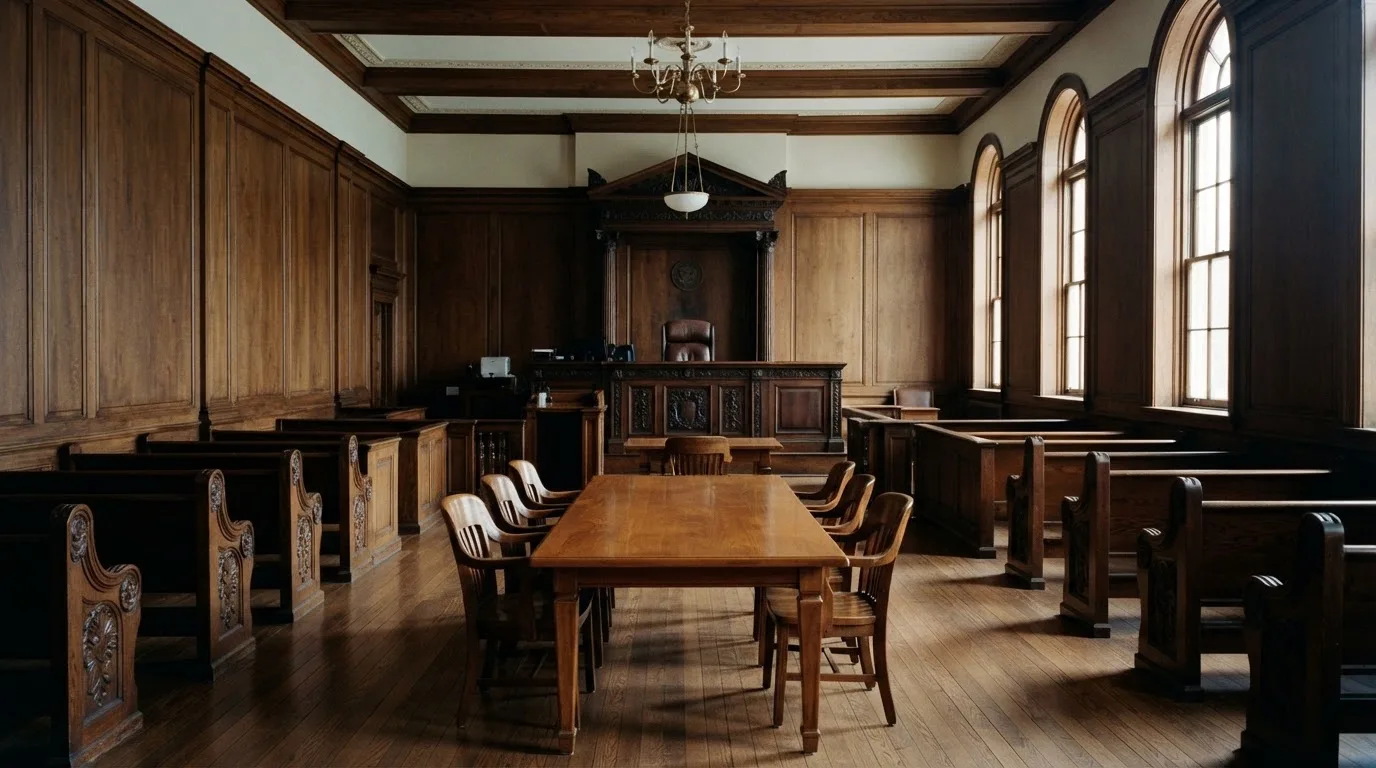Sala de tribunal vazia com painéis de madeira, à luz da manhã — melhor roleta em portugal