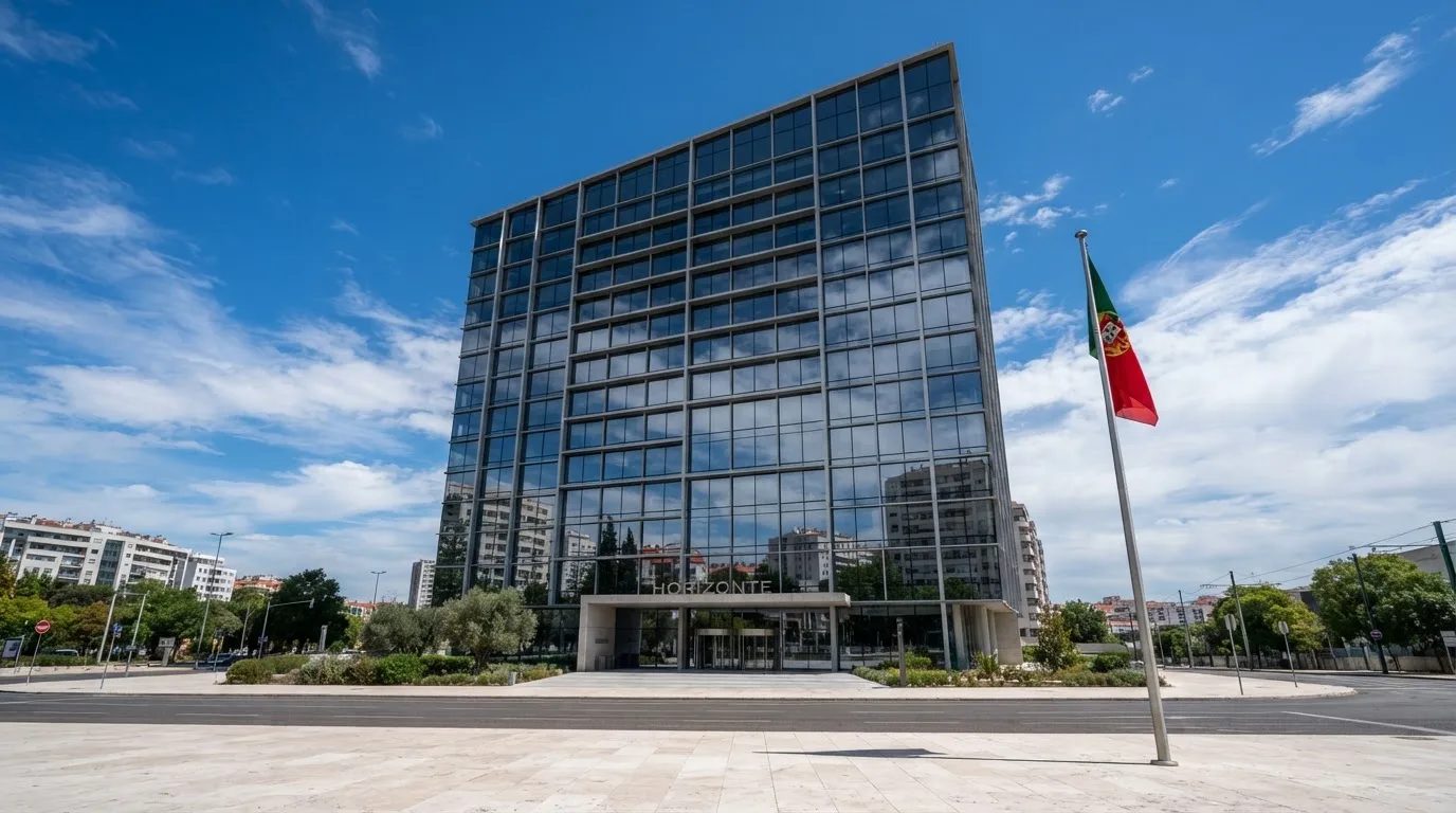 Edifício de escritórios de um organismo público em Lisboa, visto da rua, com vidros espelhados a refletir o céu e uma bandeira.