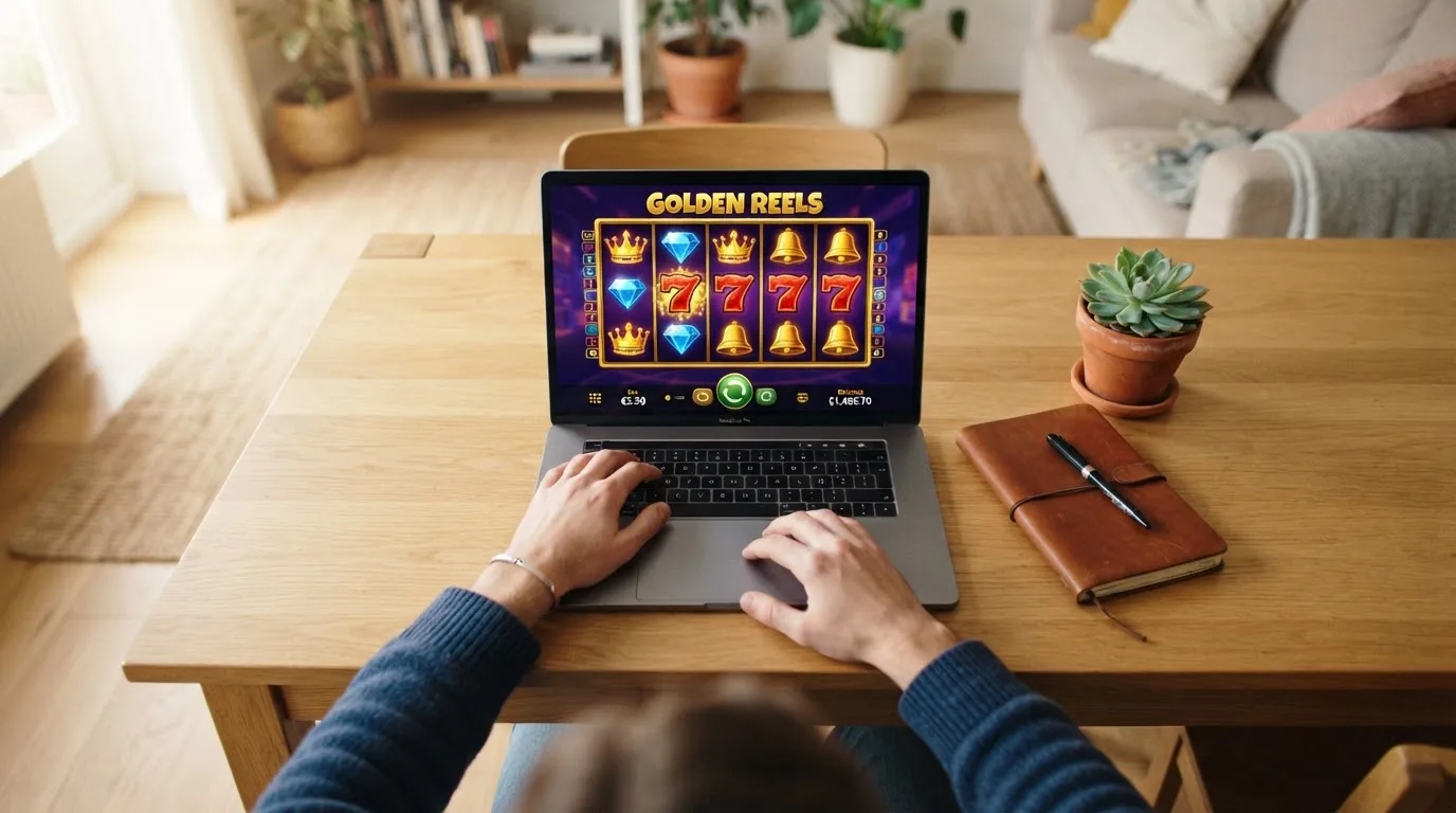 Pessoa a explorar um casino online no portátil numa mesa de sala, com bloco de notas fechado e uma planta ao lado.