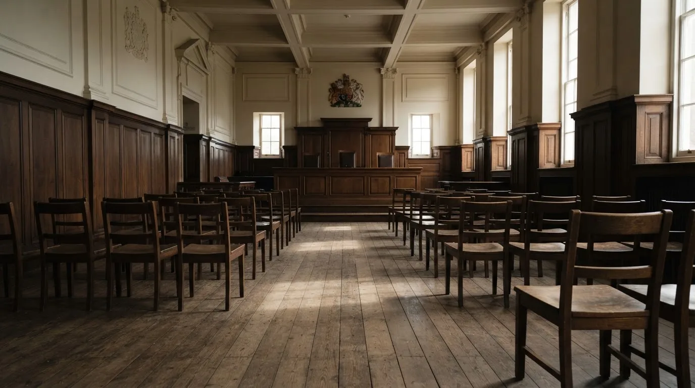 Sala de tribunal vazia com painéis de madeira, à luz da manhã — melhores cassinos em portugal