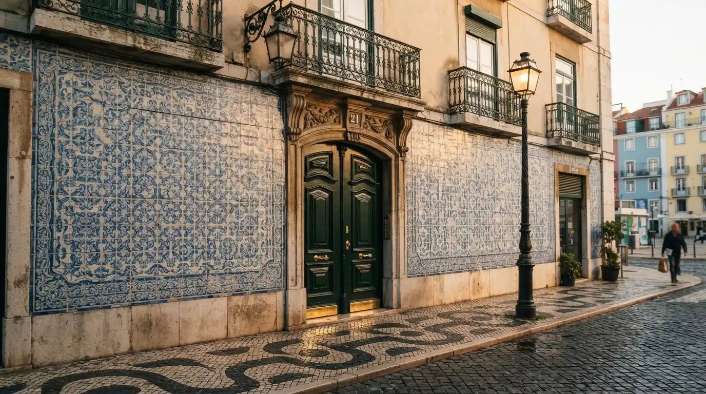Fachada de um edifício oficial lisboeta com azulejos e portas altas, rua em calçada portuguesa e um candeeiro antigo.