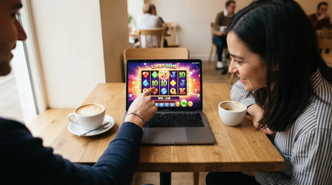Duas pessoas a comparar opções à mesa de um café, com portátil aberto e dois cafés, luz natural de janela.