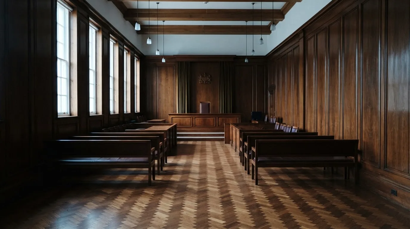 Sala de tribunal vazia com painéis de madeira, à luz da manhã — mesas de casino em portugal