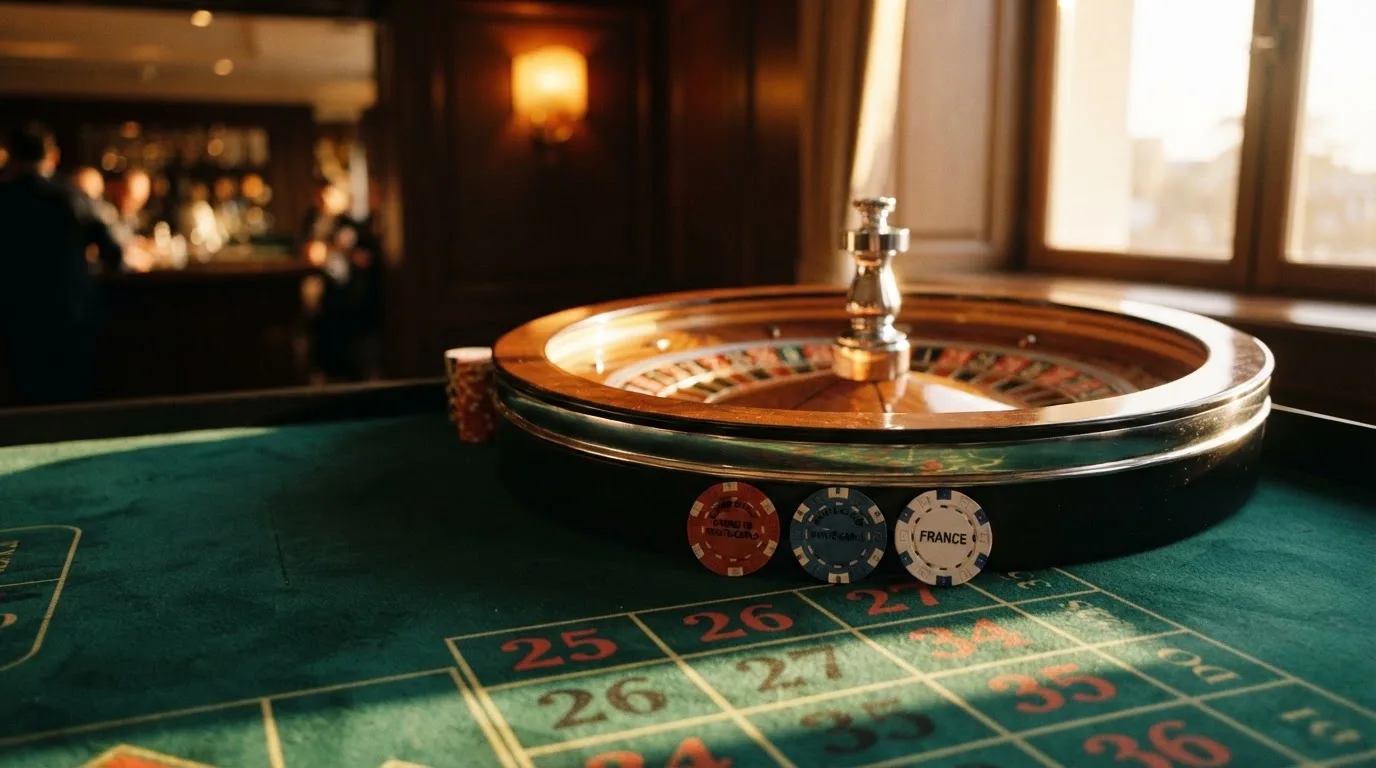 Roda de roleta e fichas sobre feltro verde, sob uma luz quente de fim de tarde — mesas de casino em portugal