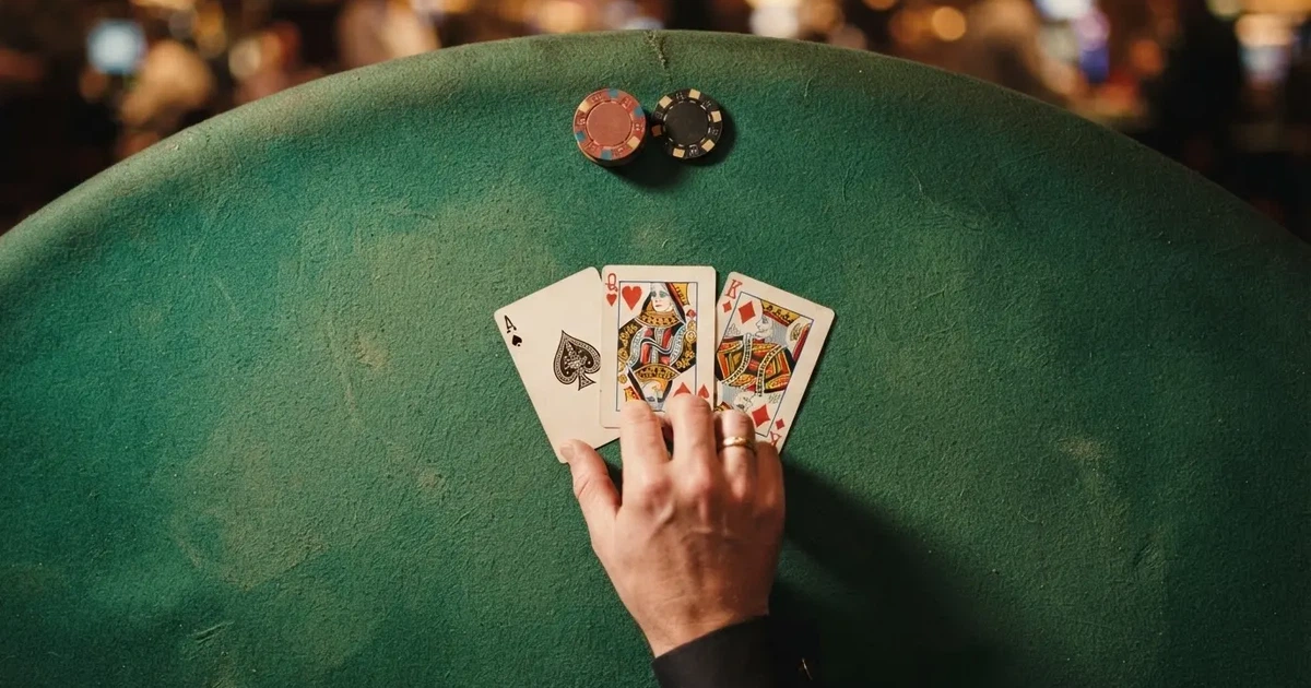 Mesa de jogo iluminada com cartas, vista de cima — mesas de casino em portugal
