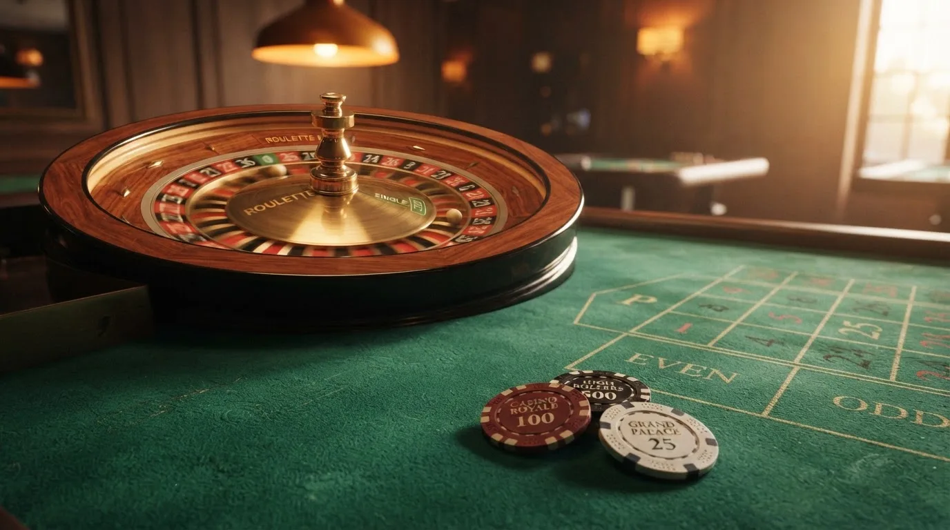 Roda de roleta e fichas sobre feltro verde, sob uma luz quente de fim de tarde — novo casino em portugal