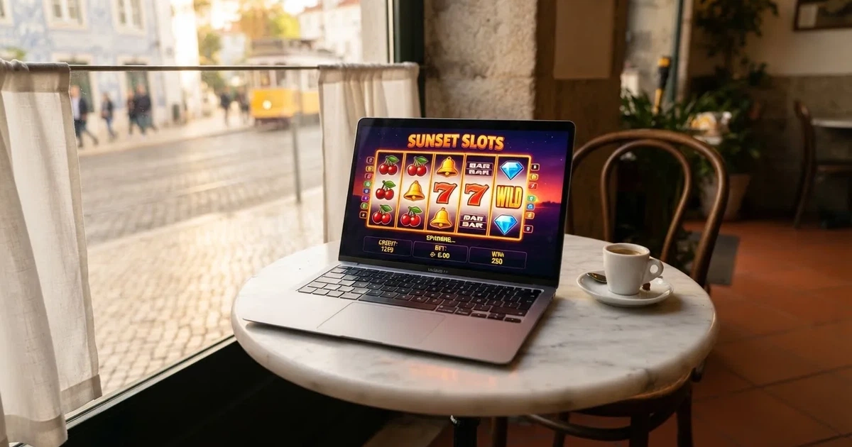 Computador portátil numa mesa de café junto a uma janela virada para a rua — novo casino em portugal