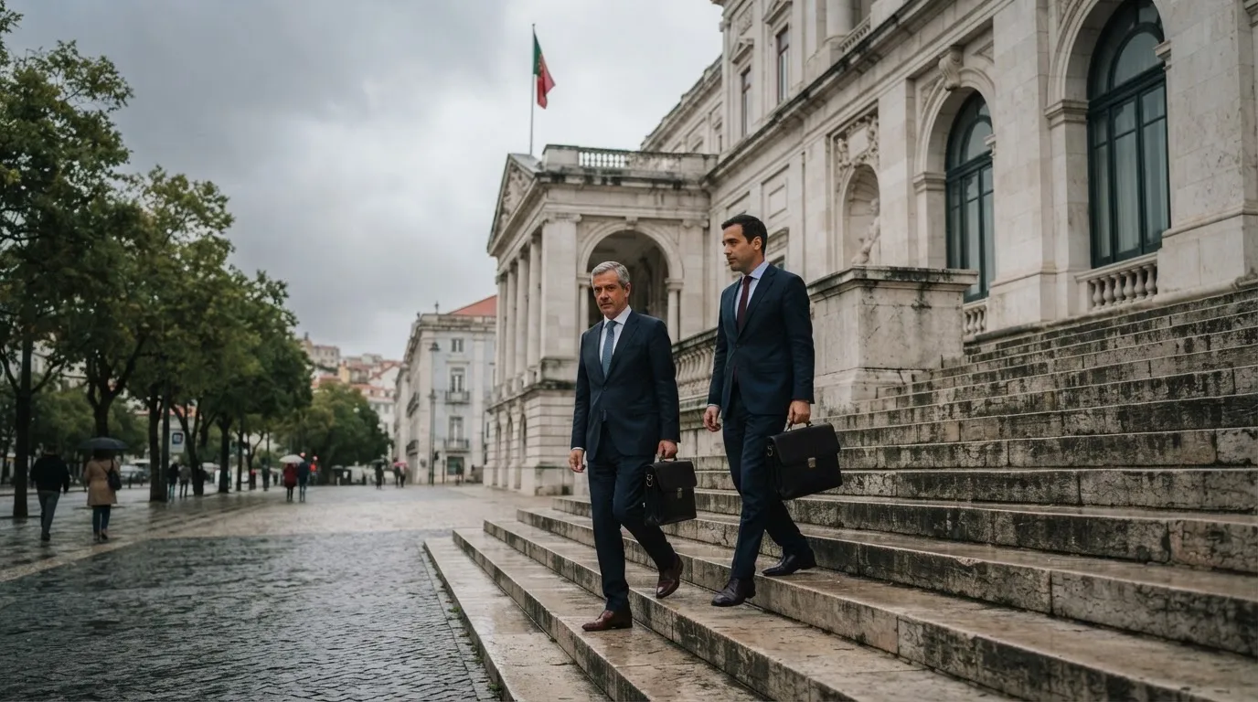 Pessoas de fato a caminhar à frente de um edifício de serviços públicos em Lisboa, com pasta na mão e céu nublado.