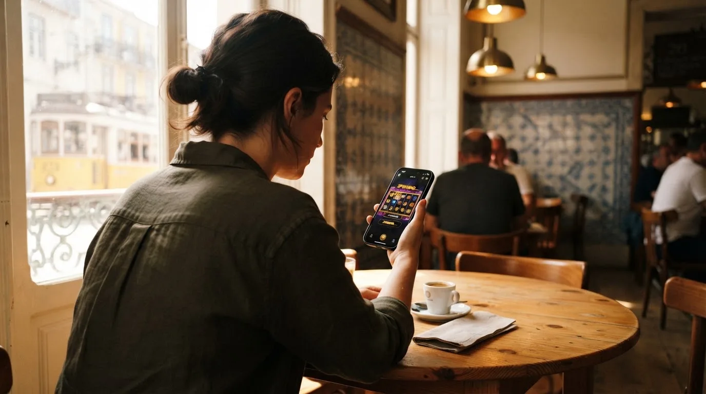 Pessoa a explorar jogos no telemóvel num café, com uma bica na mesa e luz de manhã a entrar pela montra.