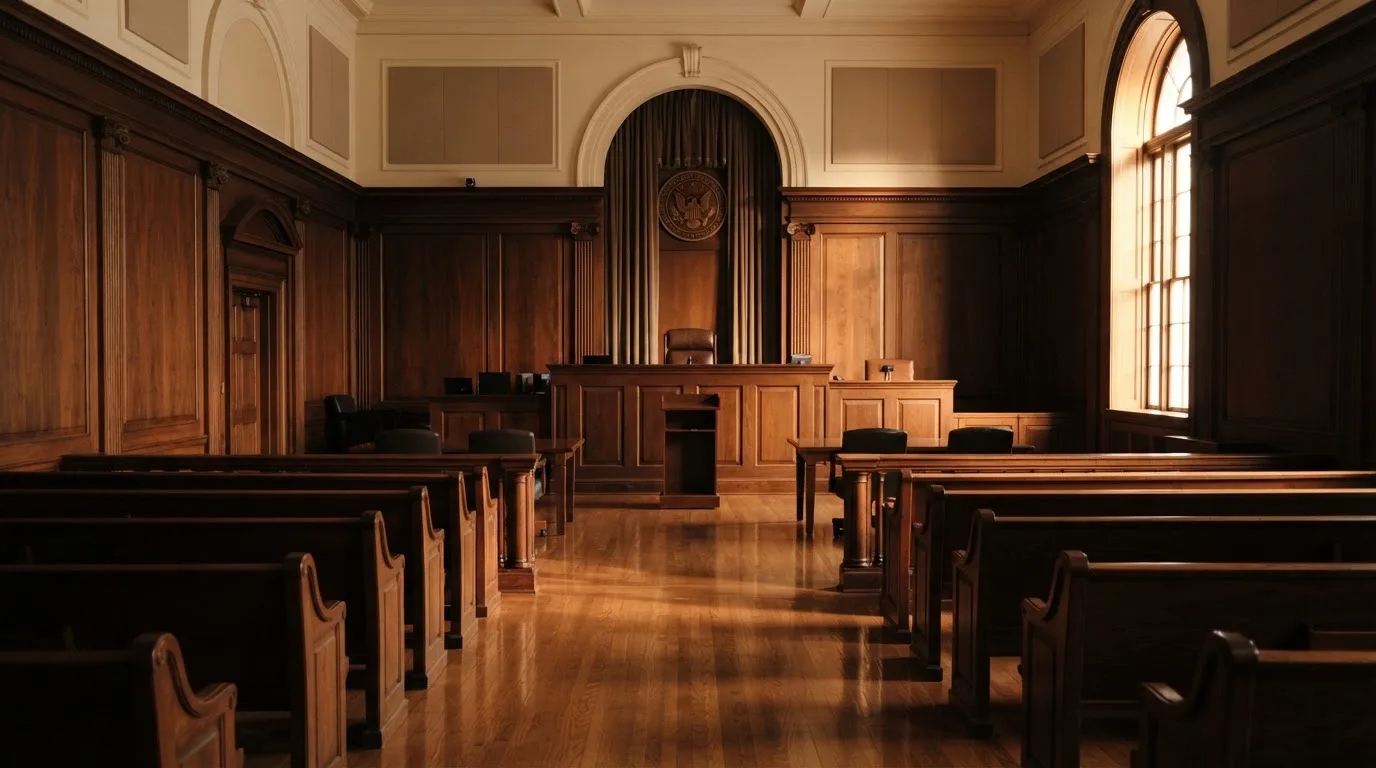Sala de tribunal vazia com painéis de madeira, à luz da manhã — ofertas de casino em portugal