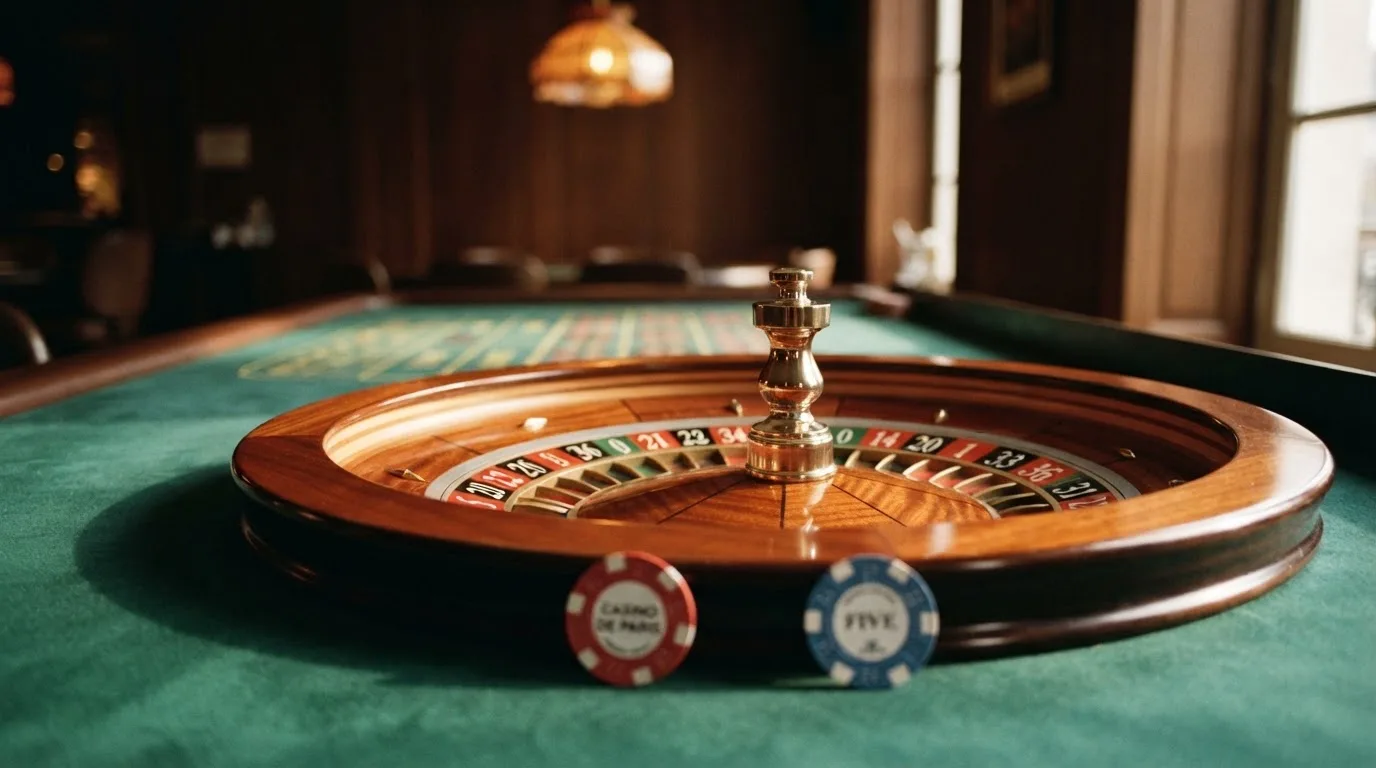 Roda de roleta e fichas sobre feltro verde, sob uma luz quente de fim de tarde — ofertas de casino em portugal