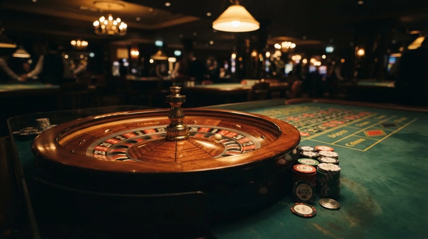 Roda de roleta e fichas sobre feltro verde, sob uma luz quente de fim de tarde — online casino bónus para os portugueses