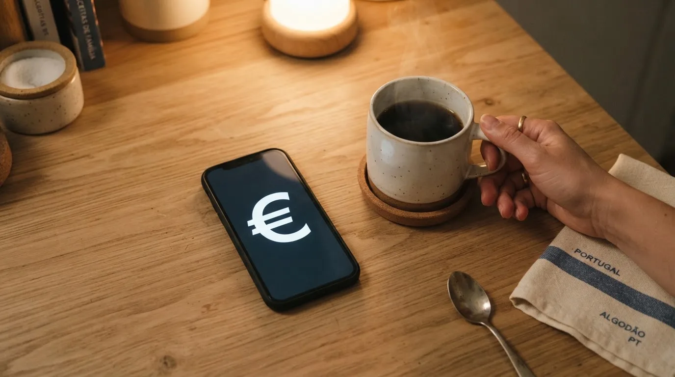 Mão a segurar um telemóvel ao lado de uma chávena de chá numa mesa de cozinha, numa noite tranquila — online casinos em portugal