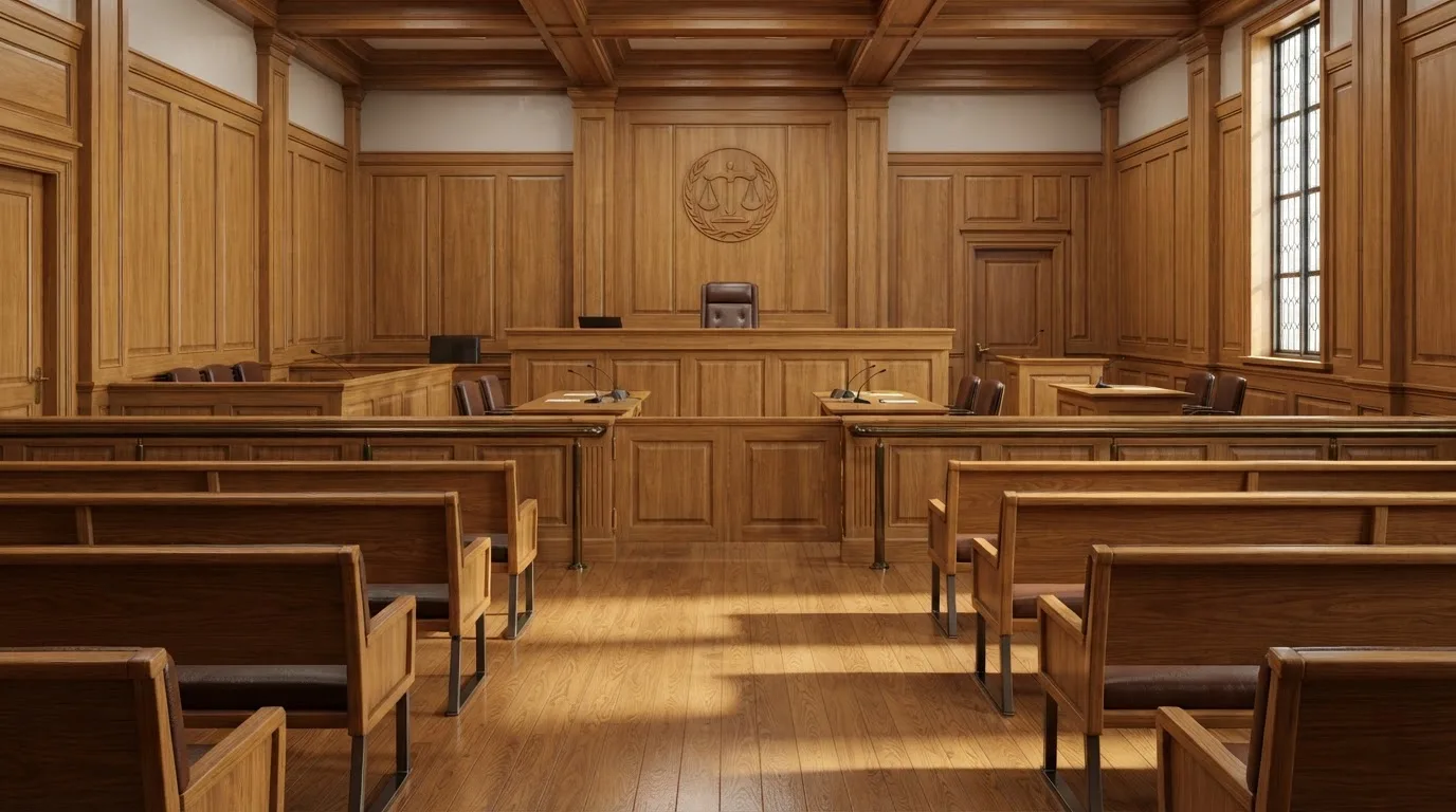 Sala de tribunal vazia com painéis de madeira, à luz da manhã — online casinos em portugal