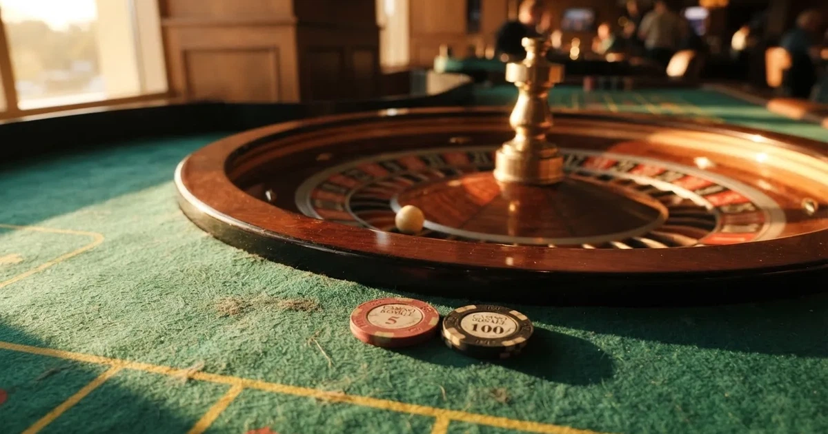 Roda de roleta e fichas sobre feltro verde, sob uma luz quente de fim de tarde — online casinos em portugal