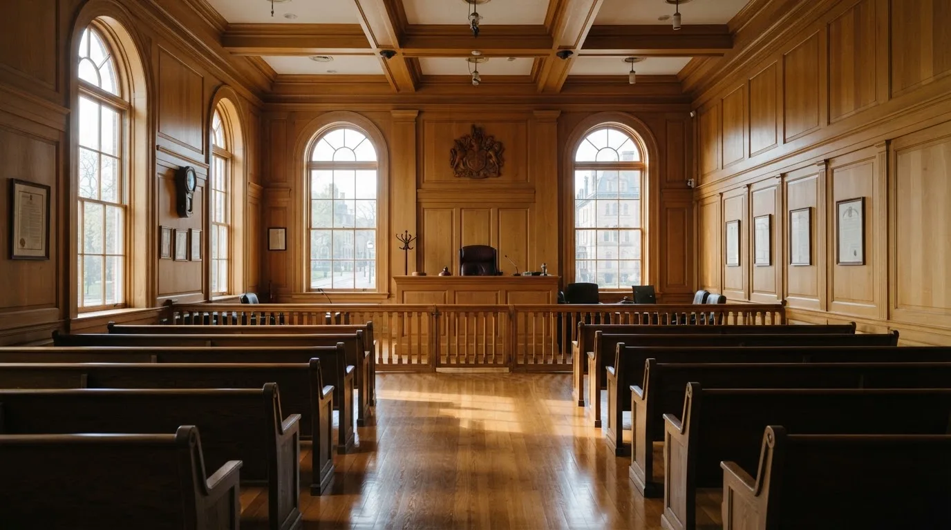 Sala de tribunal vazia com painéis de madeira, à luz da manhã — páginas de casino em portugal